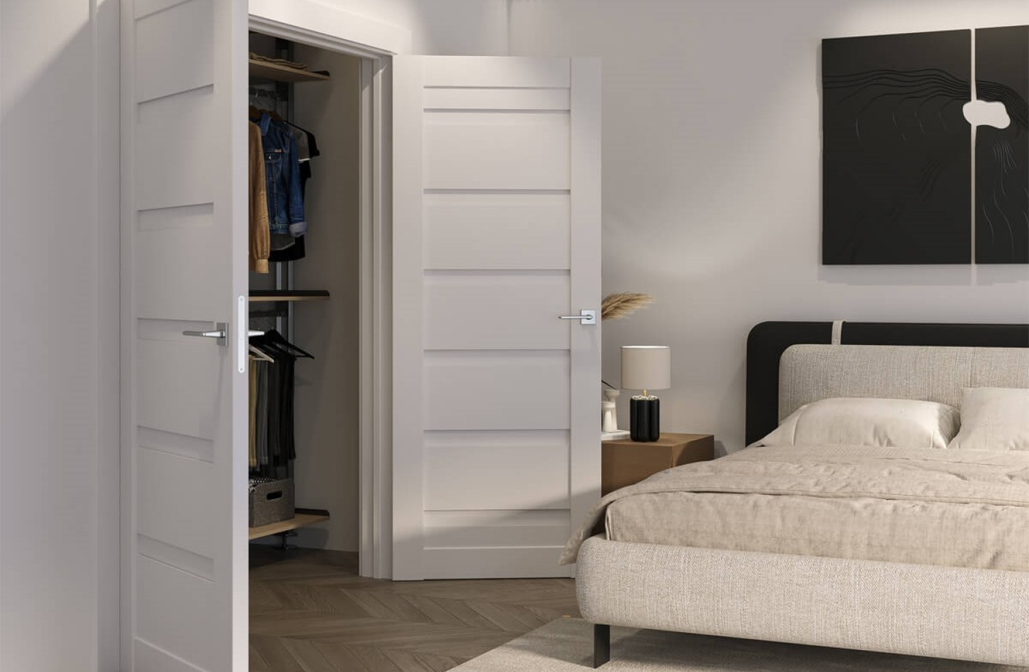 White double swing closet doors in a dining room